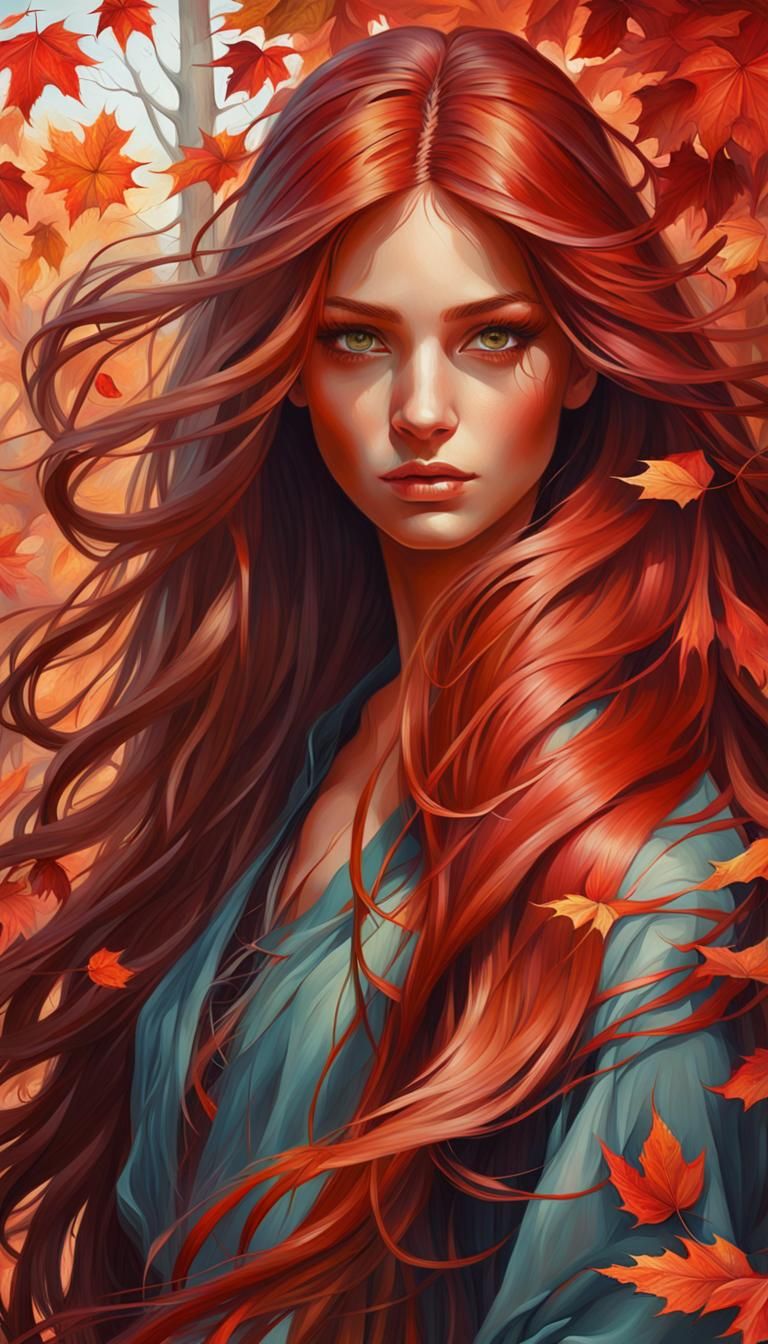 Autumn Girl with Flowing Leaf Hair: Digital Art