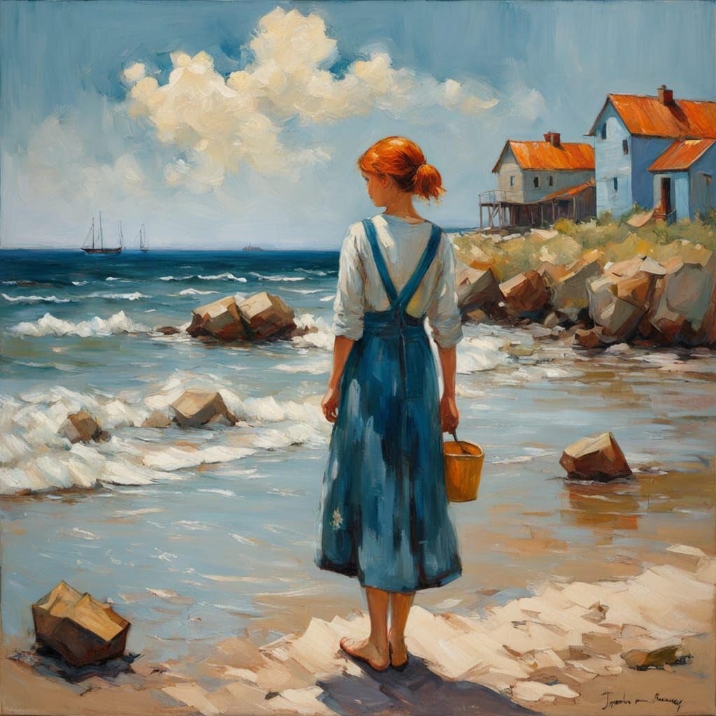 Idyllic Beach Scene in Impressionist Style