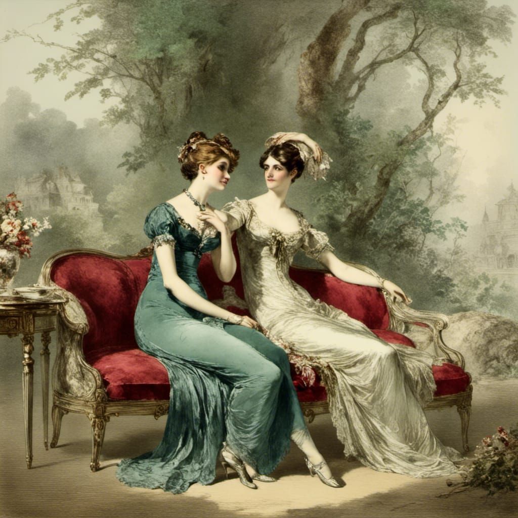 Elegant Ladies on Velvet Sofa, Regency Style