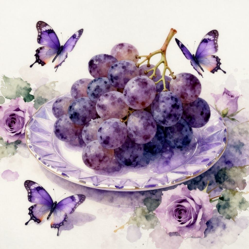 Watercolor Grapes and Butterflies on Crystal Plate
