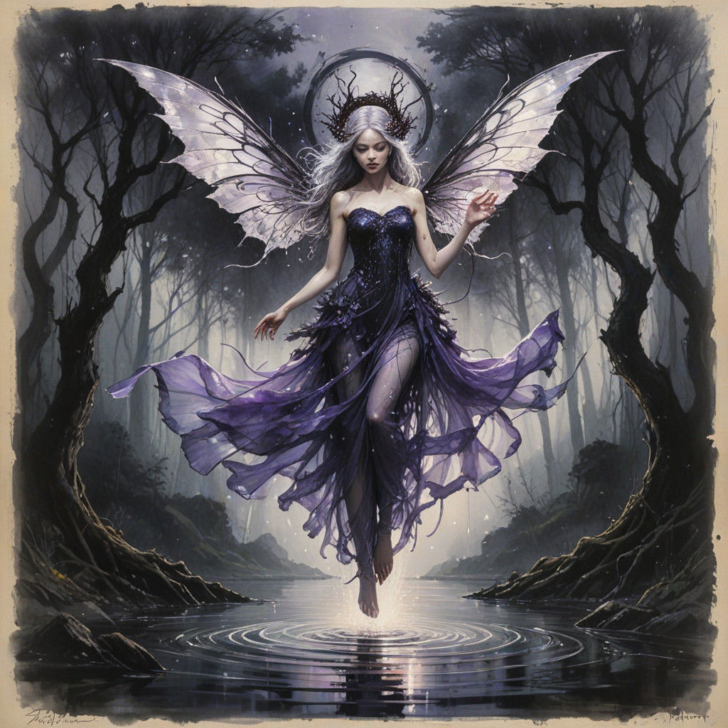 Enchanted Dark Fairy on Violet-Tinged Lake
