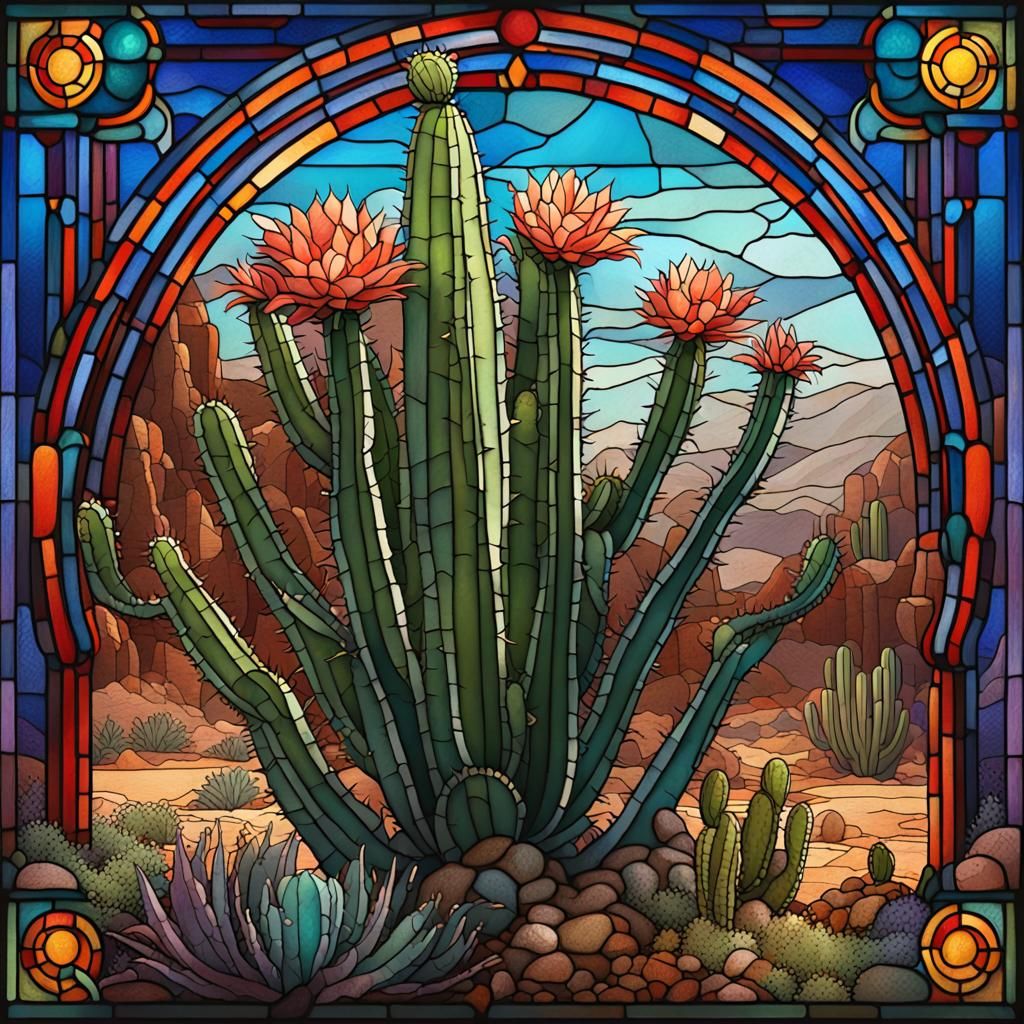 Southwest Stained Glass with Cactus and Gila Monster