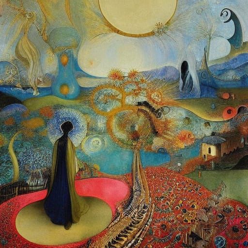 Surreal Figure in Dreamlike Landscape with Mystical Symbols