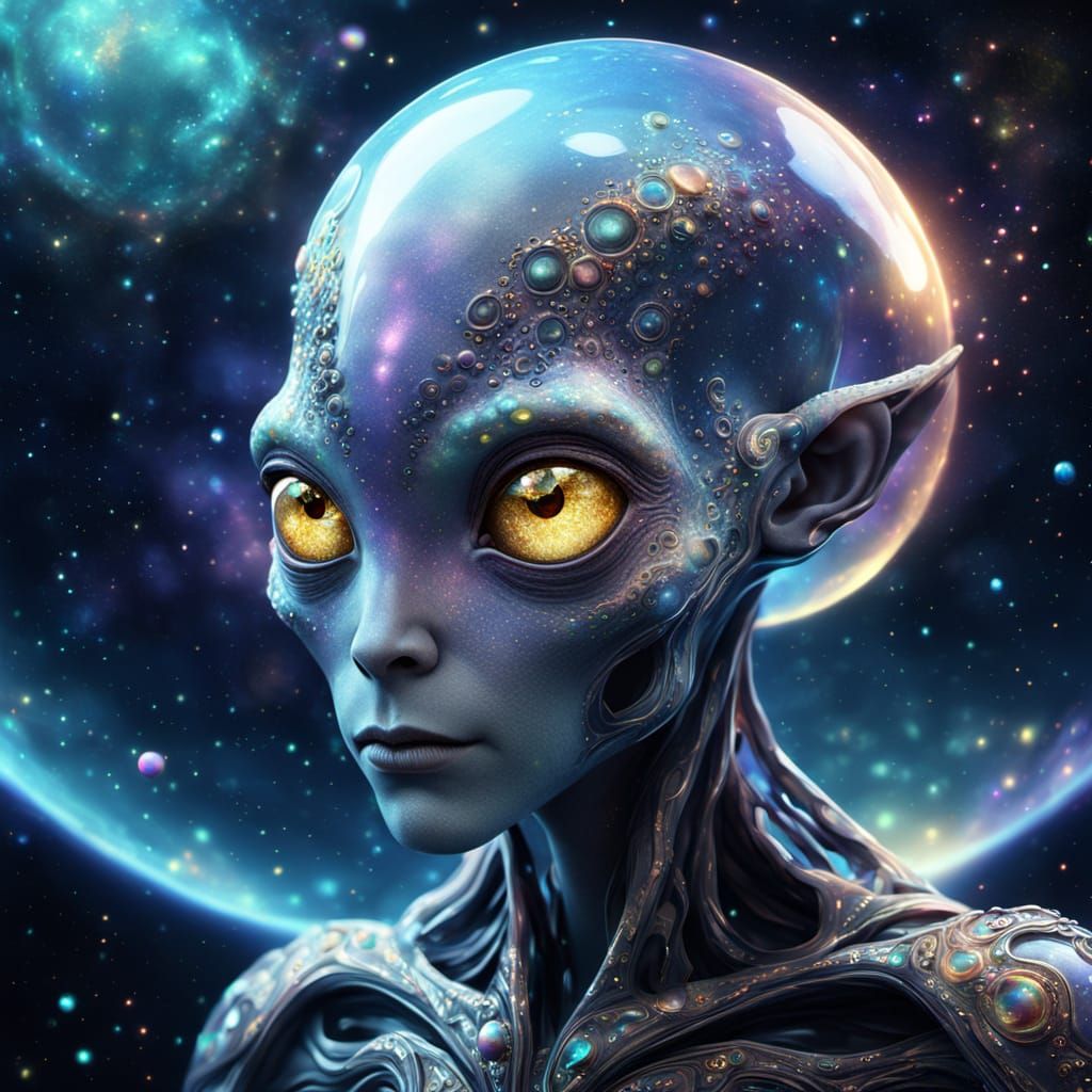 Hyperrealistic Alien Portrait with Iridescent Details