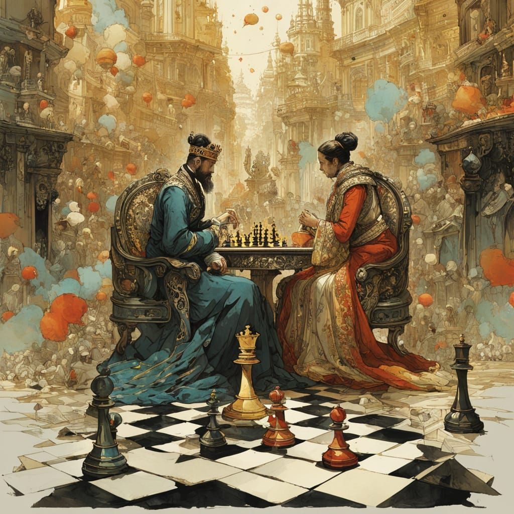 Watercolor Chess Game Masterpiece with Gold and Silver Accen...