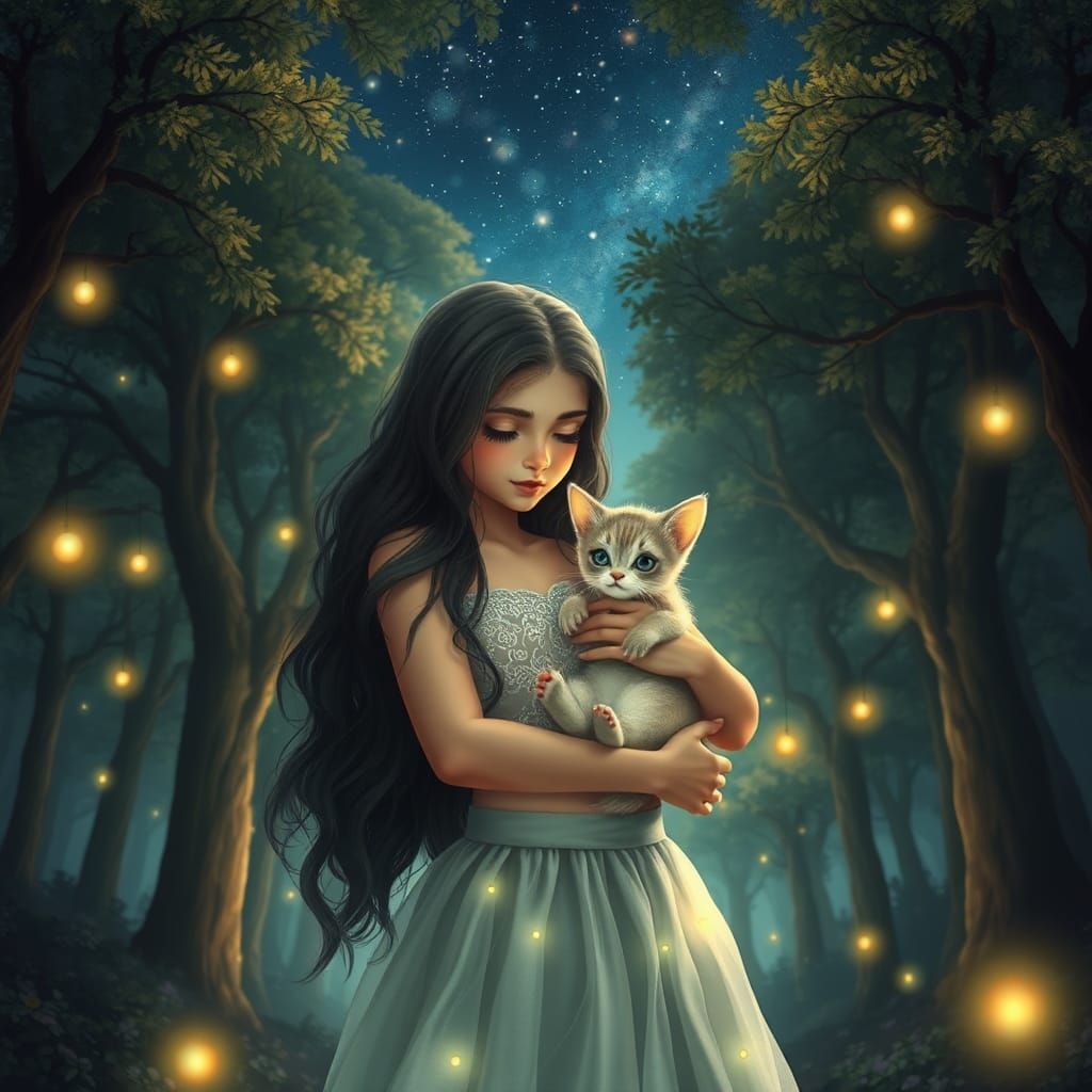 Magical Night Forest Scene with Girl and Kitten