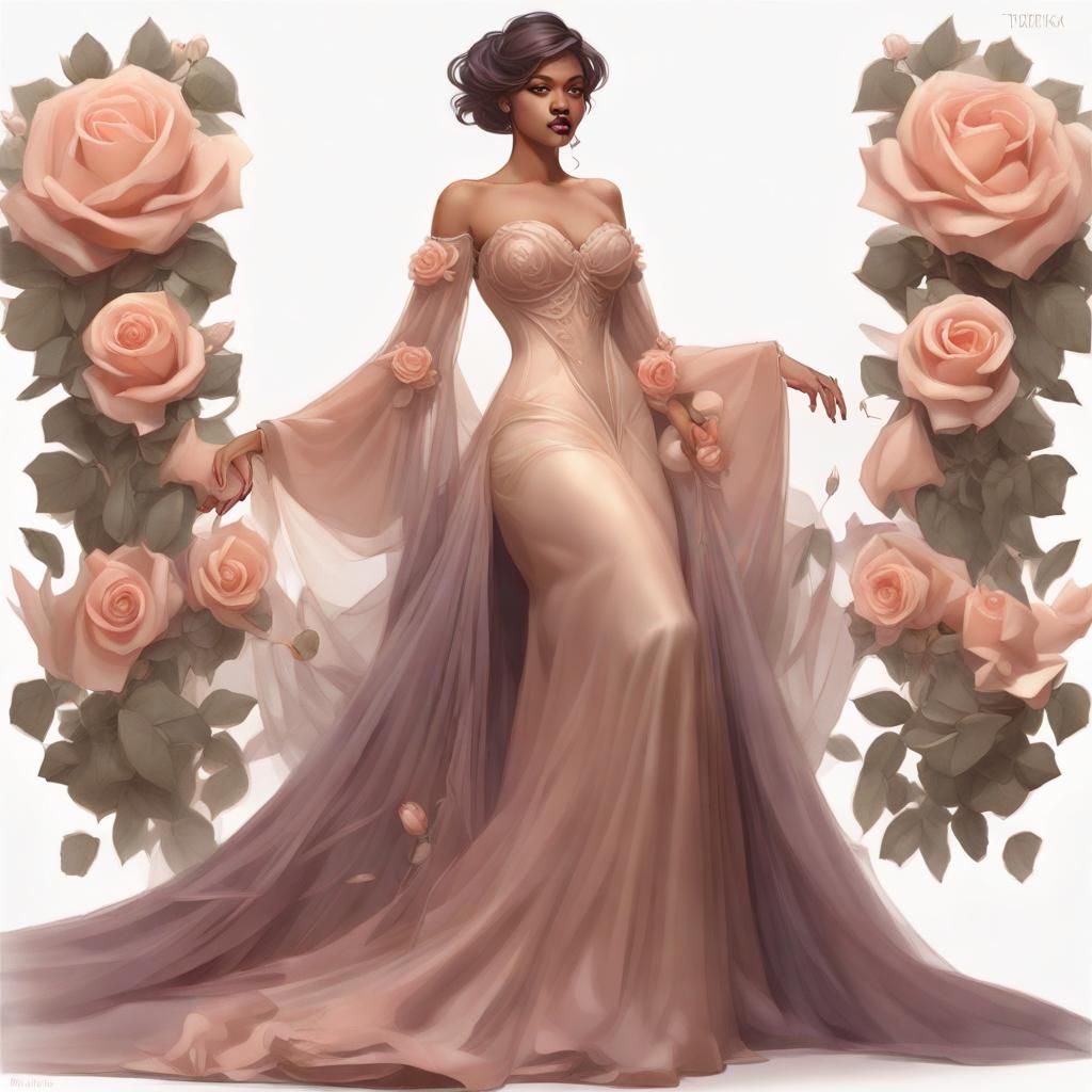 Champagne Dress with Roses in Hyperdetailed Style