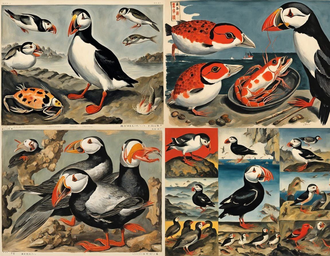 Whimsical Japanese Puffin Hybrid in Distressed Landscape