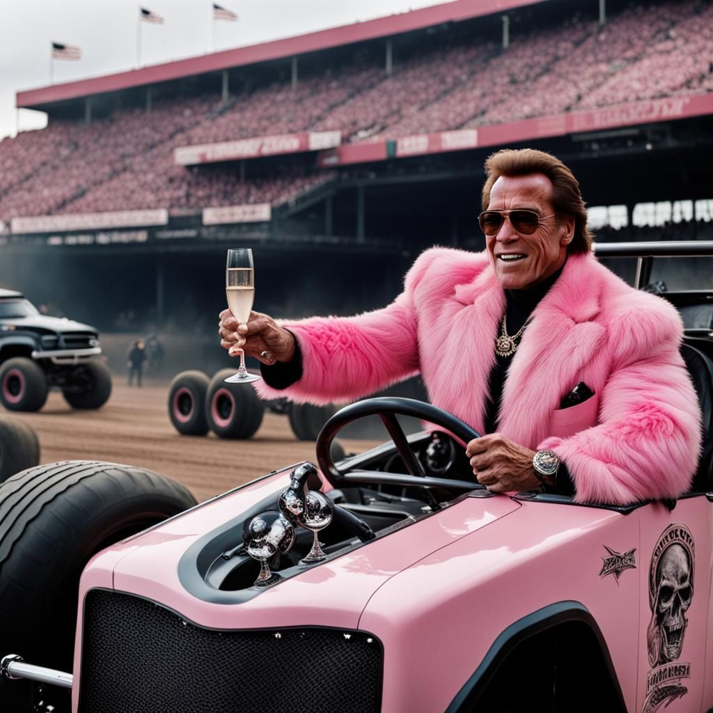 Celebrity in Pink Fur Driving Monster Truck