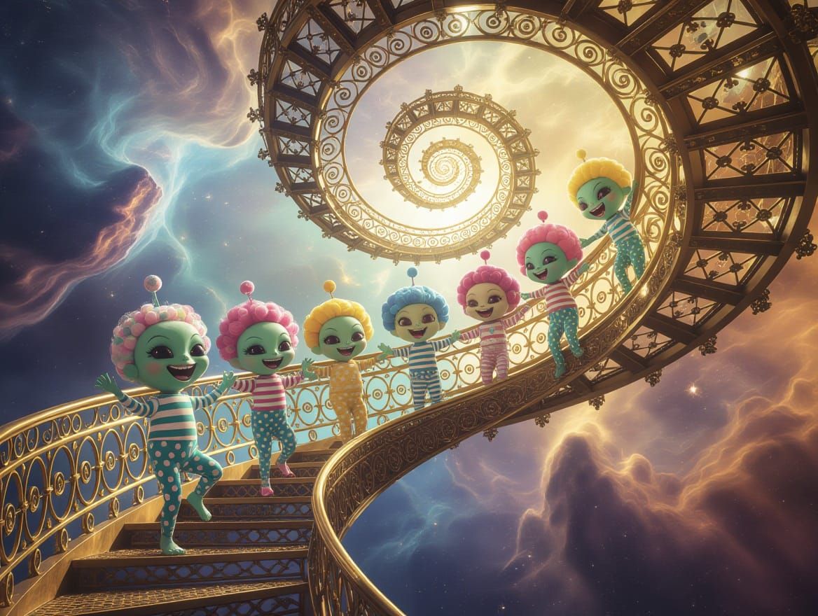 Happy Aliens Dancing on a Cosmic Staircase