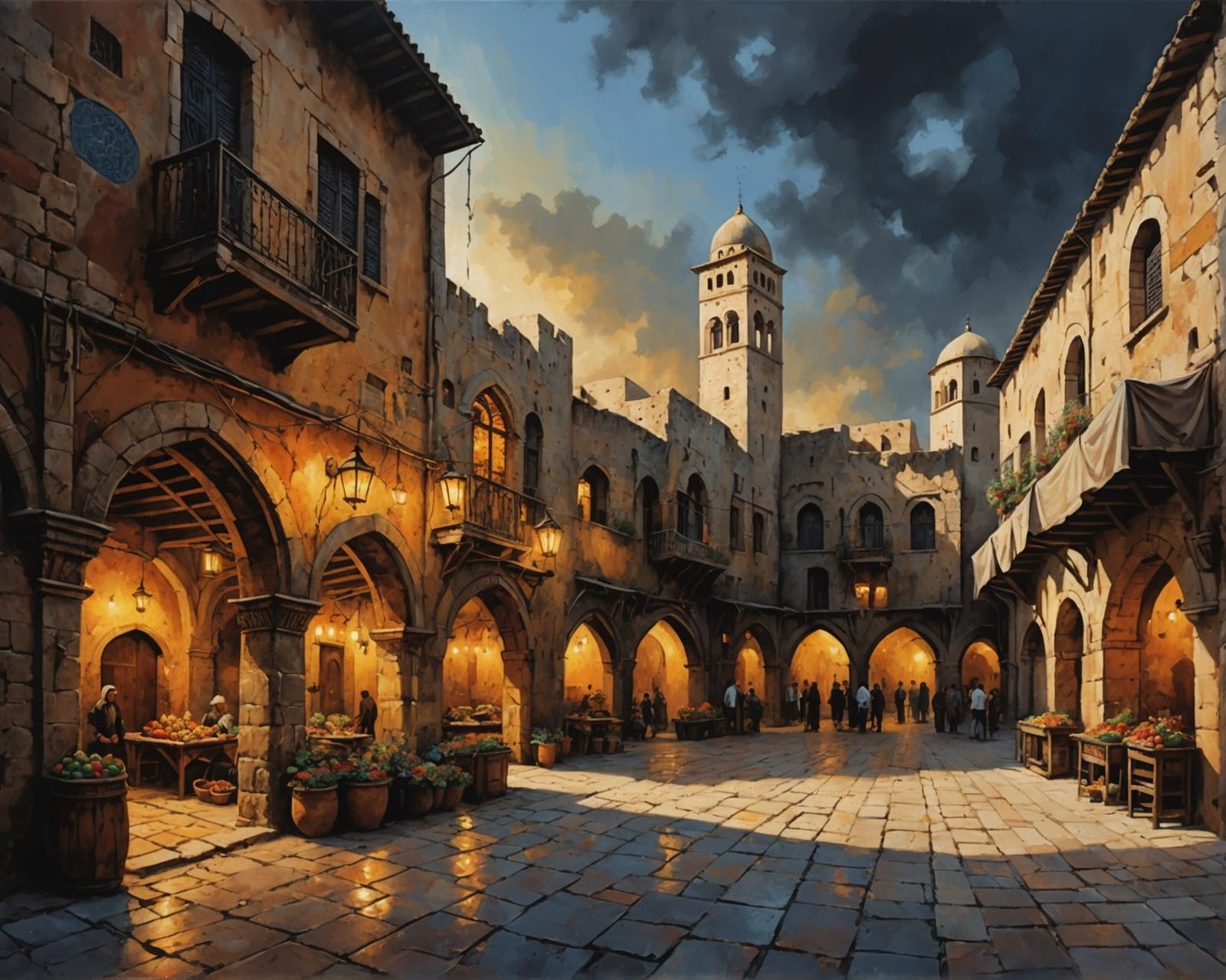 Medieval Arabic Market Square Acrylic Painting