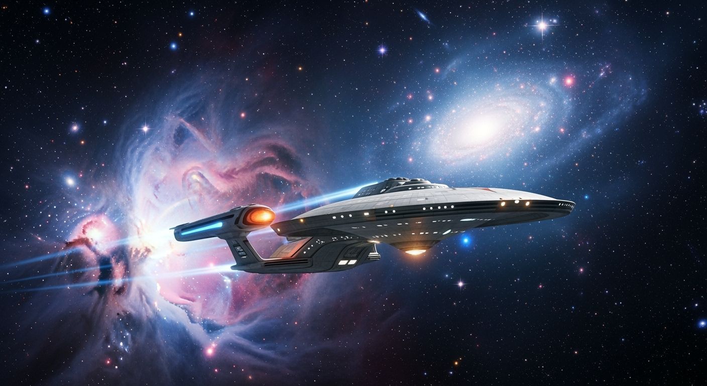 Silver Federation Starship Soaring Through Cosmic Nebula