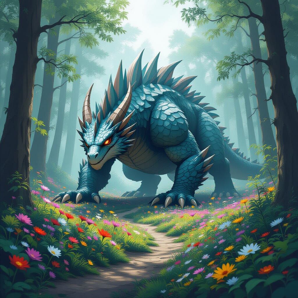 Dragon Emerges Leaving Flowers, Painterly Style