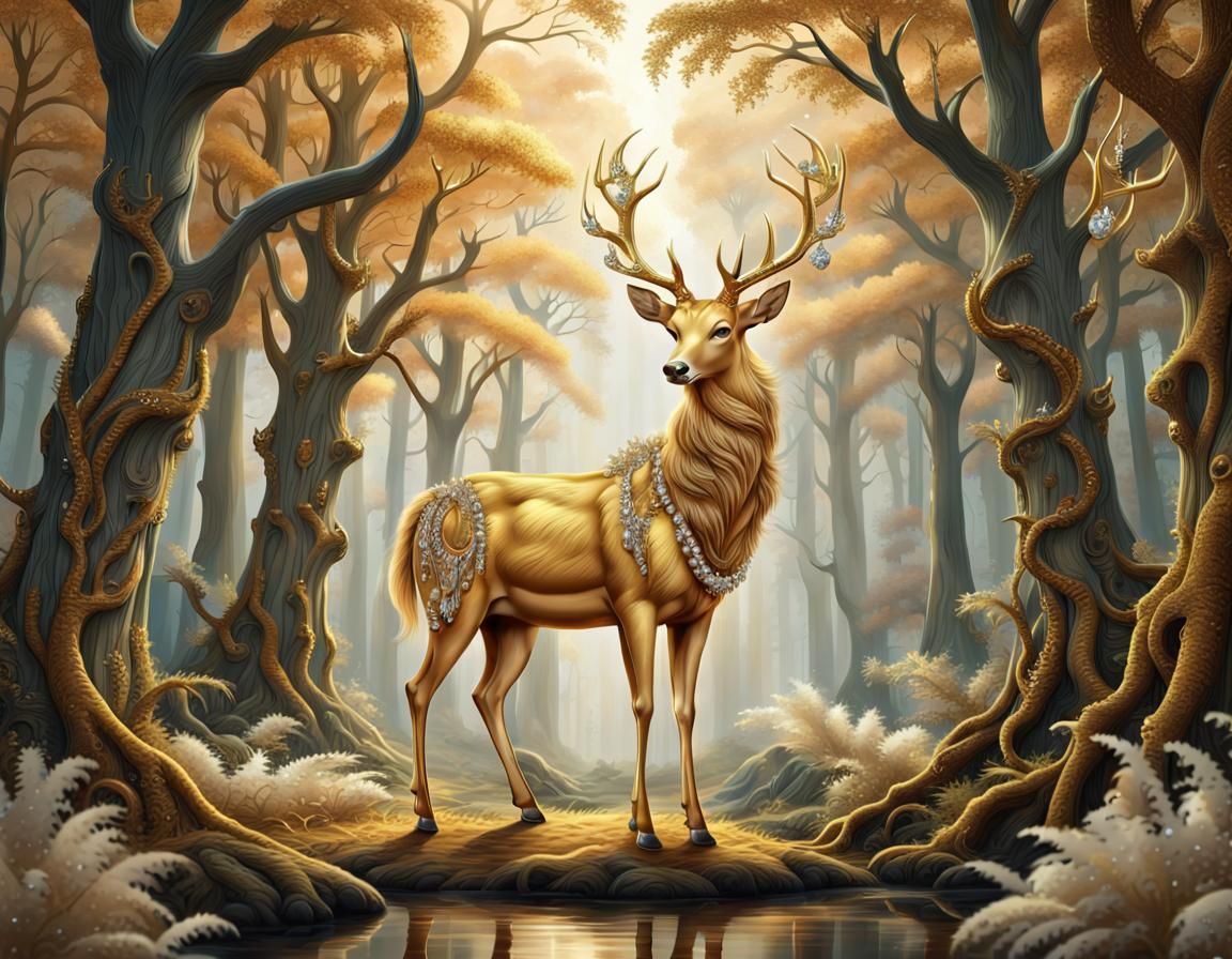 Golden Deer with Jeweled Horns in Enchanted Forest