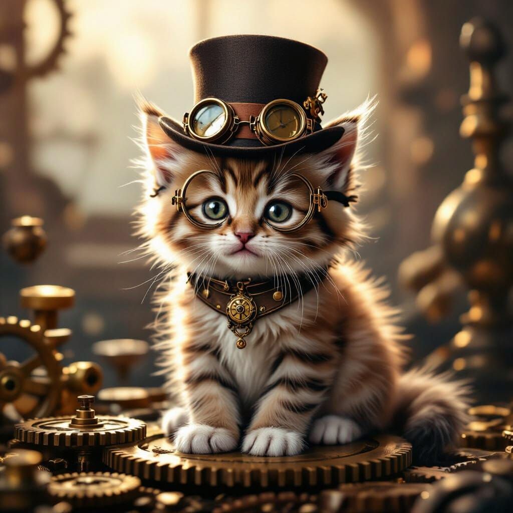 Steampunk Kitten with Top Hat and Goggles