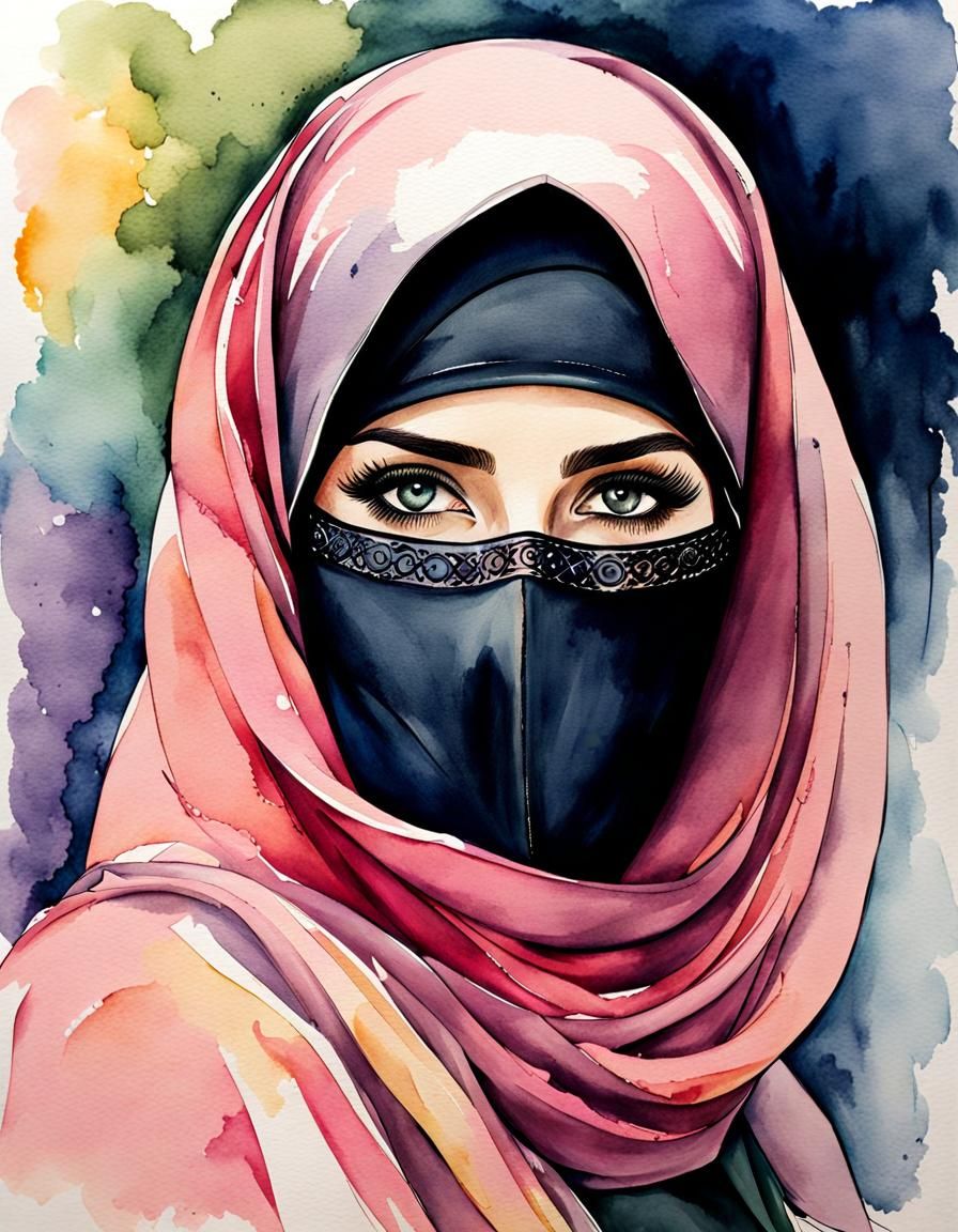 Beautiful Niqabi Woman in Watercolor Ink Drawing