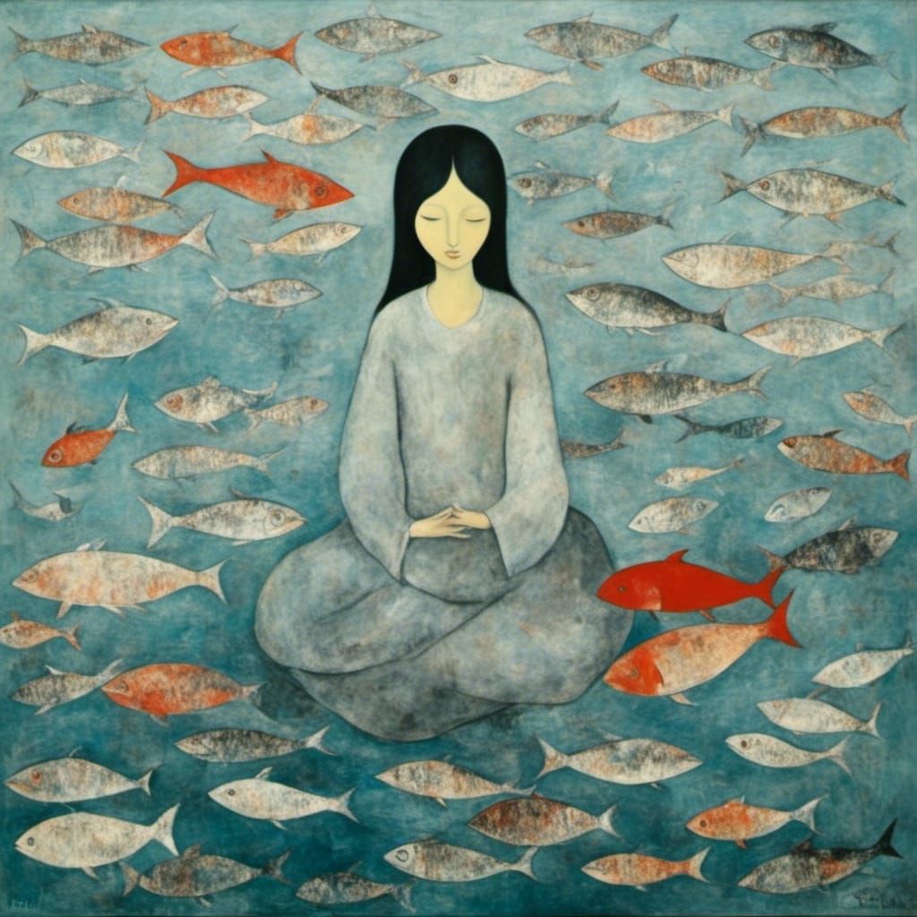 Meditating Japanese Woman in Surreal Ocean of Fish