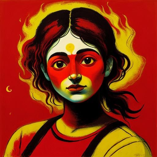 Girl in Fiery Portrait Inspired by Surrealism