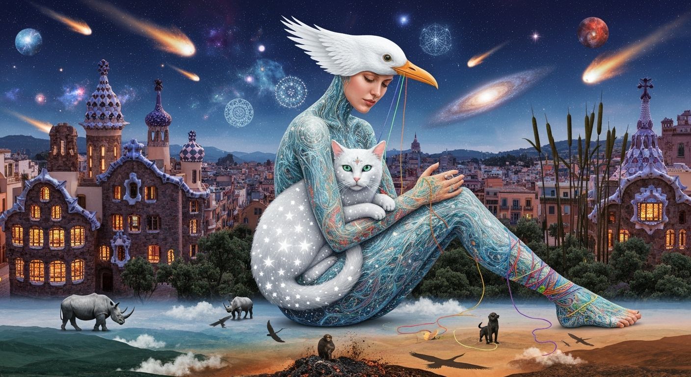 Ethereal Woman in Gaudí Cityscape with Cosmic Cat