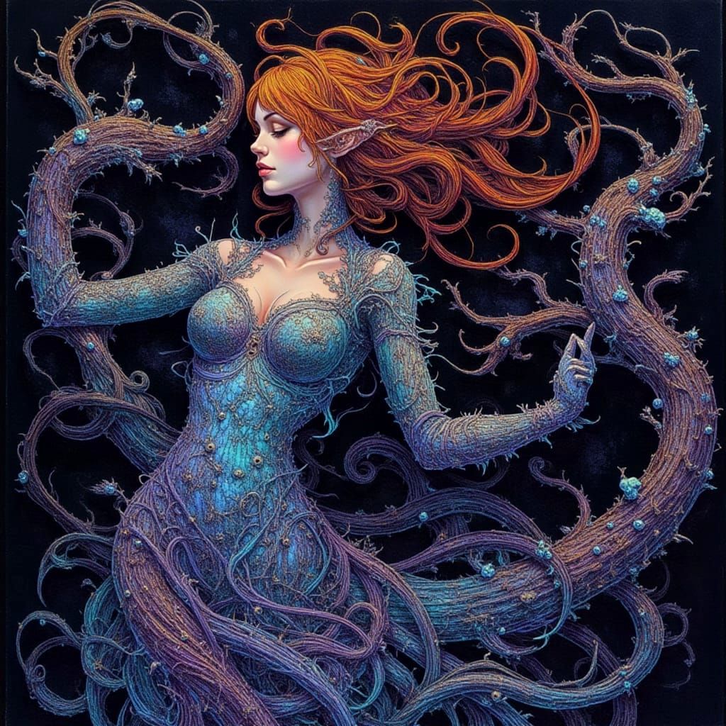 Feminine Spriggan With Branching Hands in Enameled Acrylics