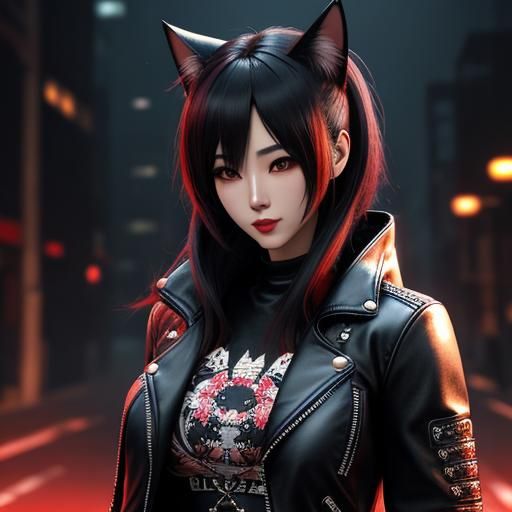 Hyperdetailed Kawaii Neko Girl in Leather Jacket