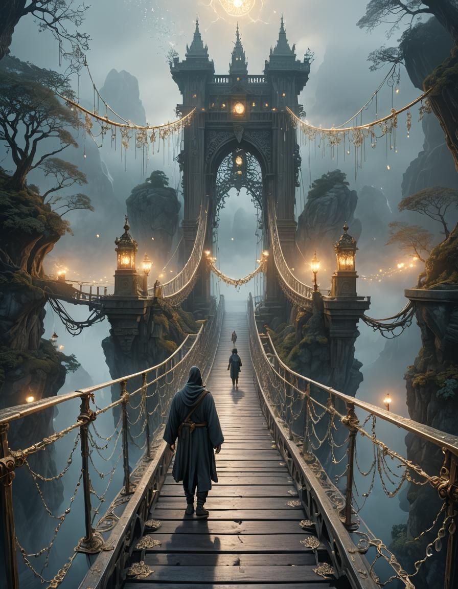 Ethereal Crystal Bridge Disappearing into Mist: Fantasy Art