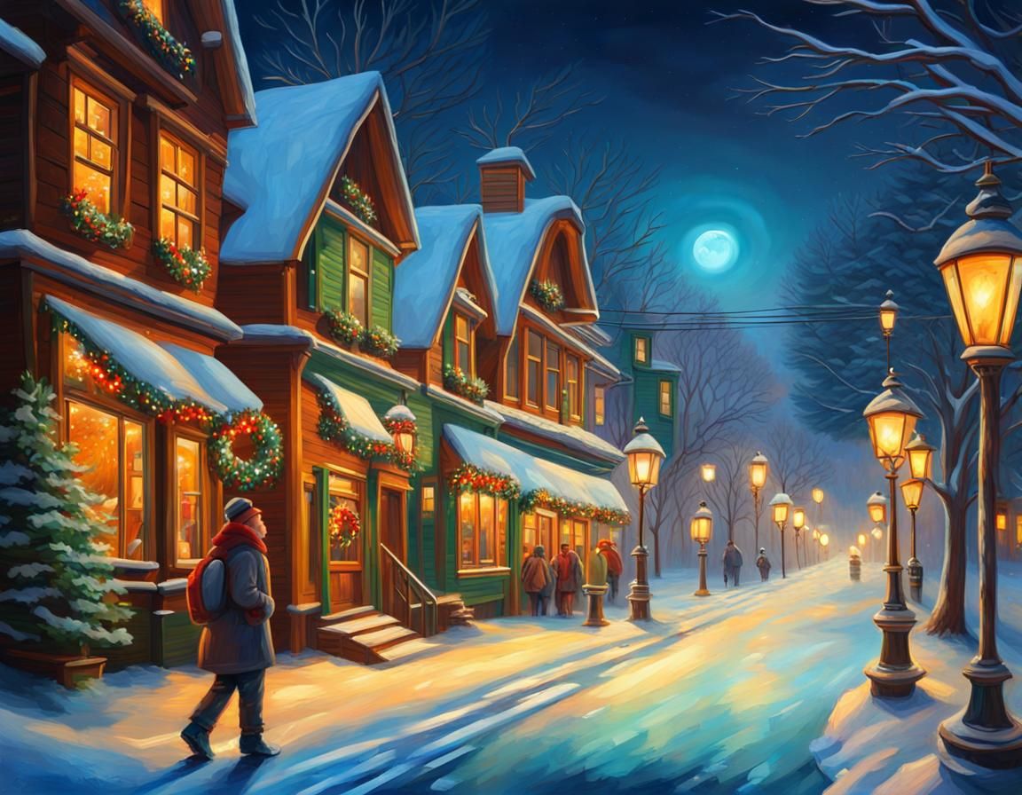 Winter Street with Christmas Lodges: Hyperrealistic Oil Pain...