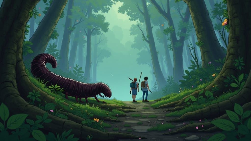 Millipede in Borneo Rainforest: Painterly Ghibli Style