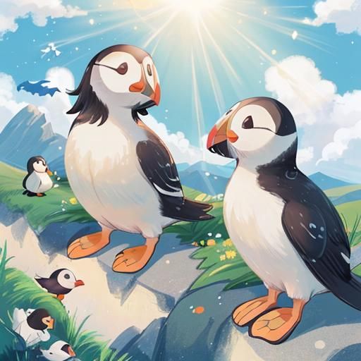 Puffins in Natural Habitat Bathed in Divine Light