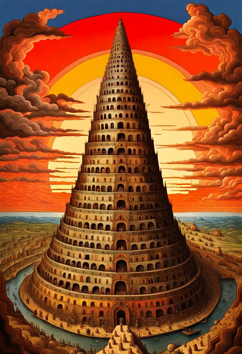 Tower of Babel Sunset: Intricate Vivid Landscape