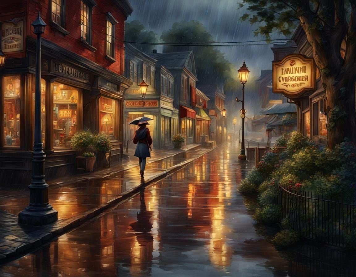 Rainy Evening Walk in Watercolor Style