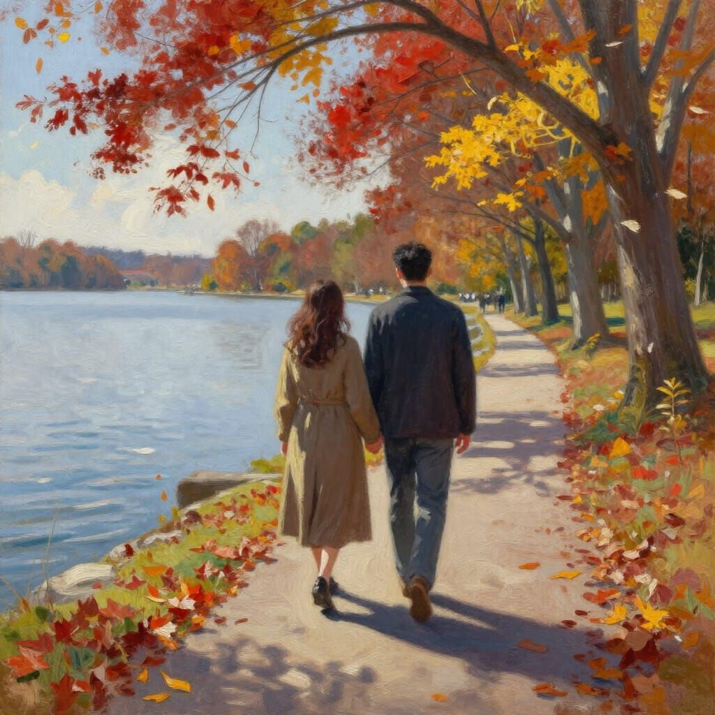 Couple Walking Lakeside Path on Autumn Day in Oil Painting S...