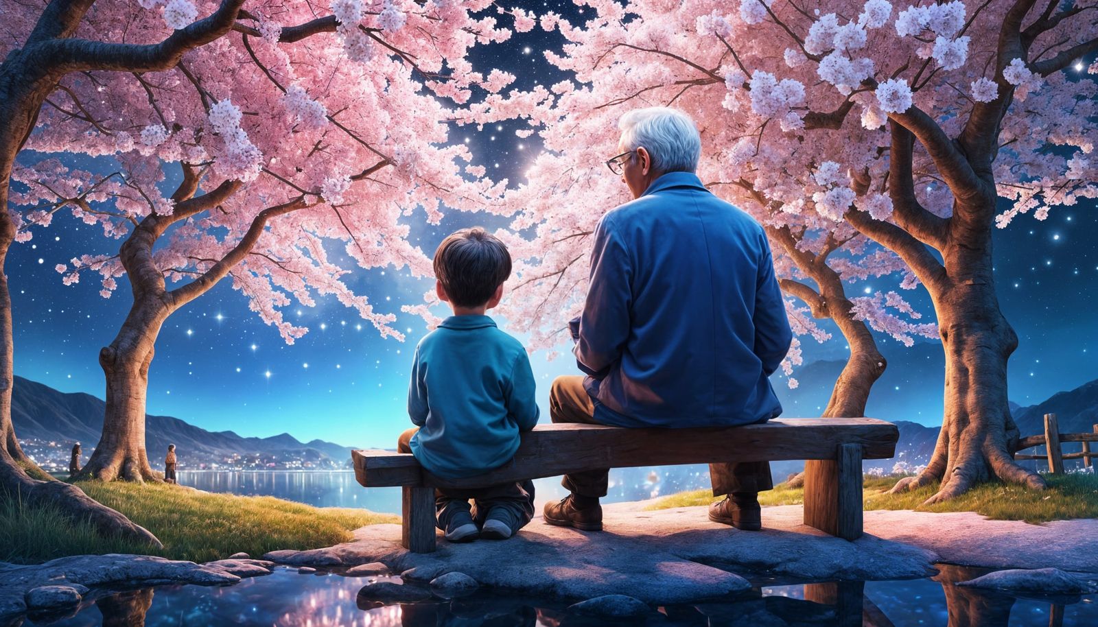 Starry Night Scene with Cherry Blossoms in 3D