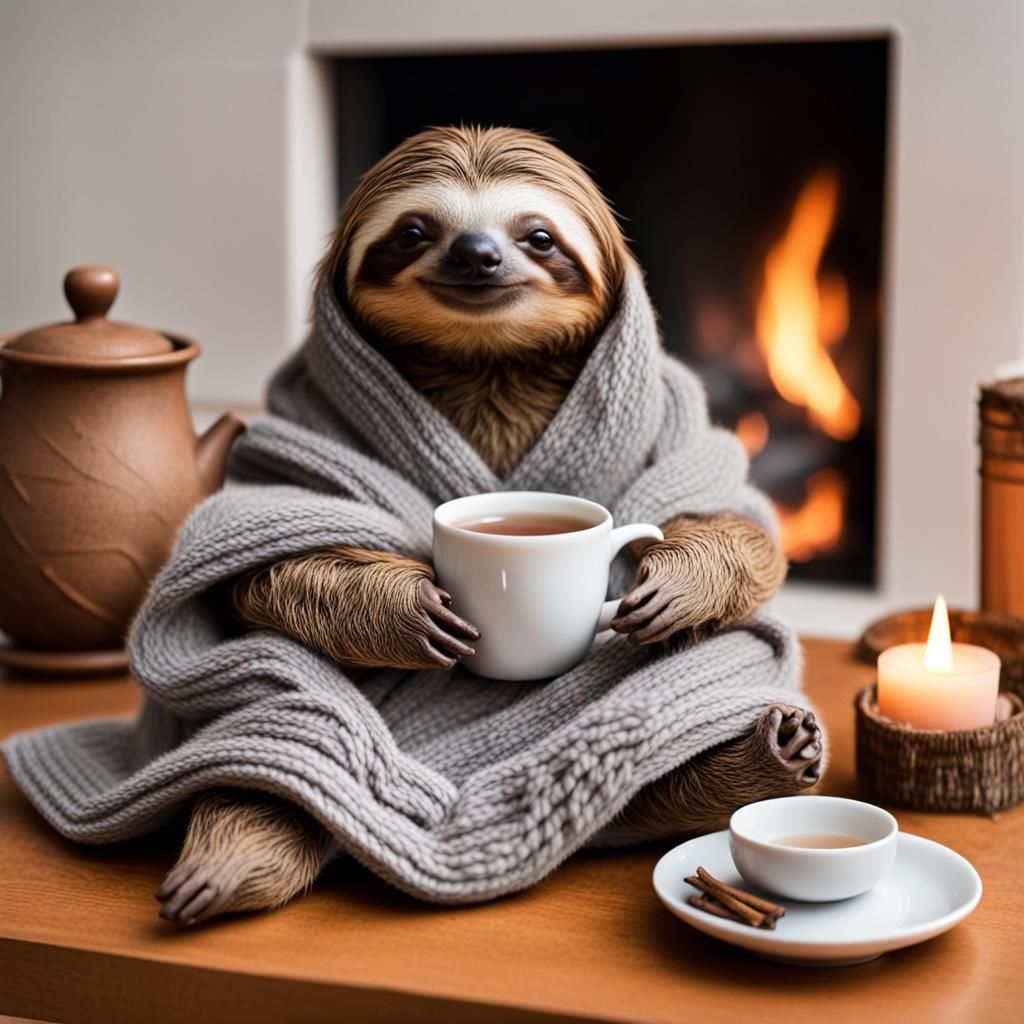 Sloth's Cozy Tea Time by the Fire