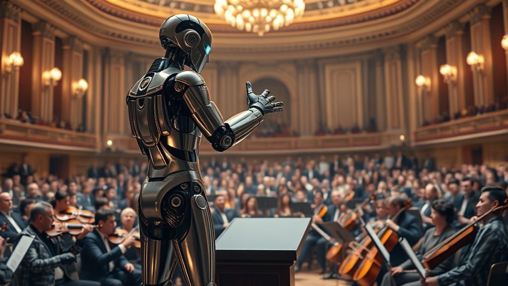 Hyperrealistic Futuristic Robot Conductor in Concert Hall