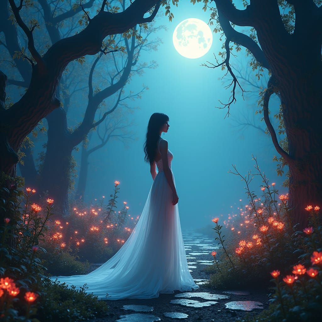 Ethereal Woman in Mystical Moonlit Landscape