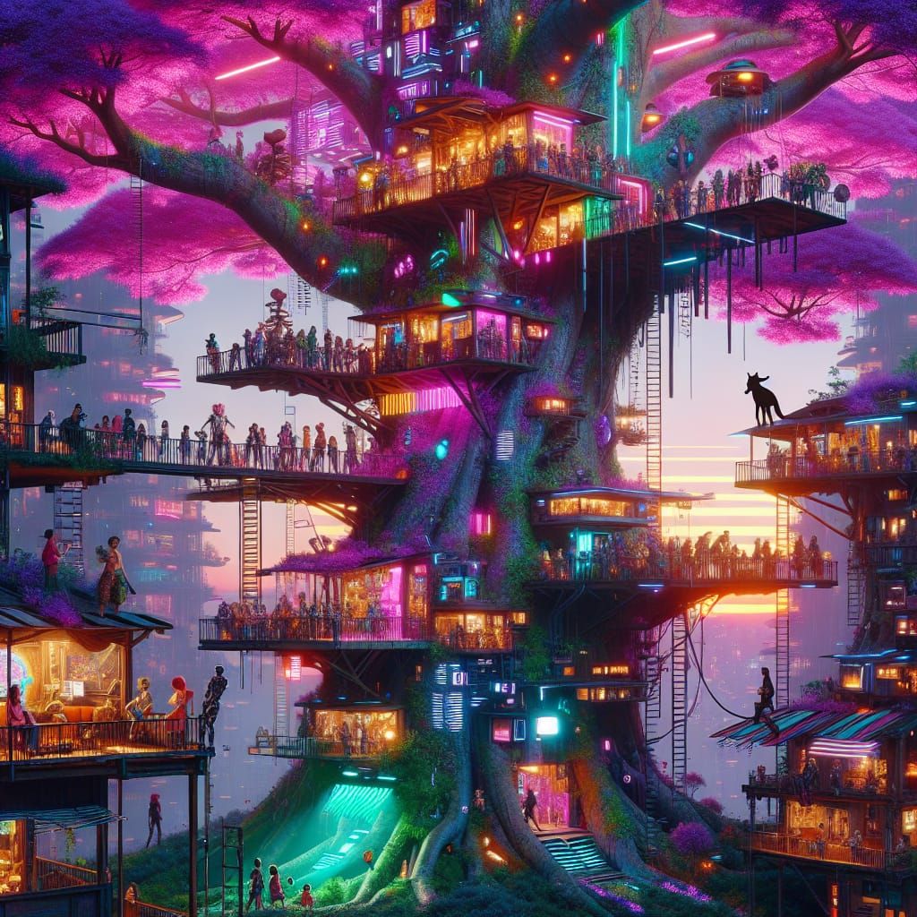 images of unusual cyberpunk treehouse loaded with pets and people on balconies and entering and exiting