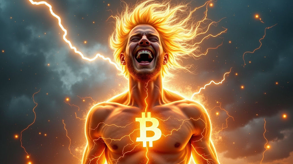 Energetic Bitcoin Figure Emerging from Lightning Storm