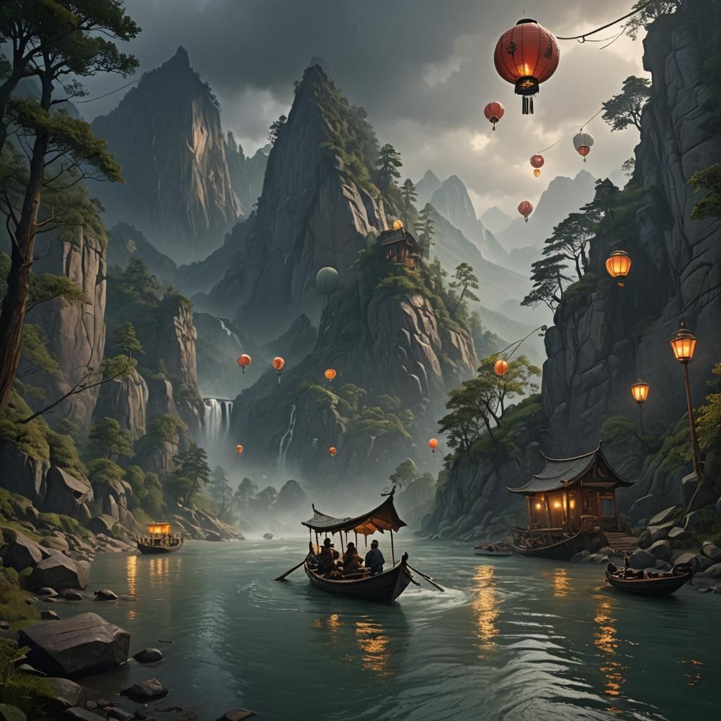 Rainy River Journey with Lanterns and Mountain