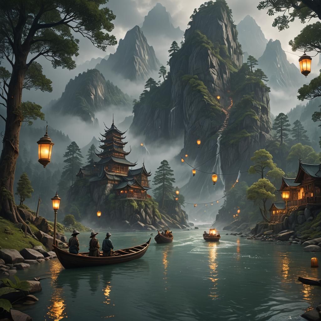 Rainy River Journey with Lanterns: Fantasy Concept Art