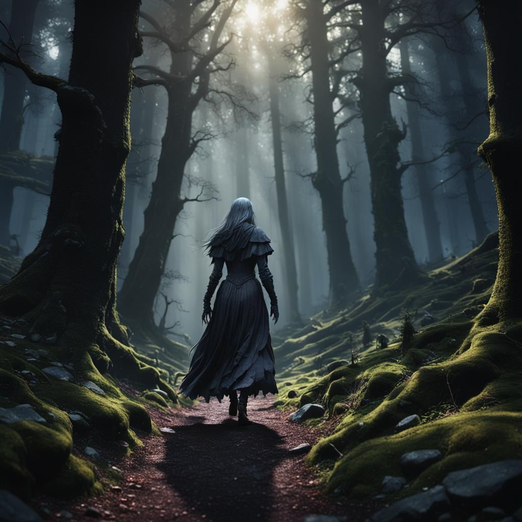 Lady Ghost Walks in Black Forest: Matte Painting