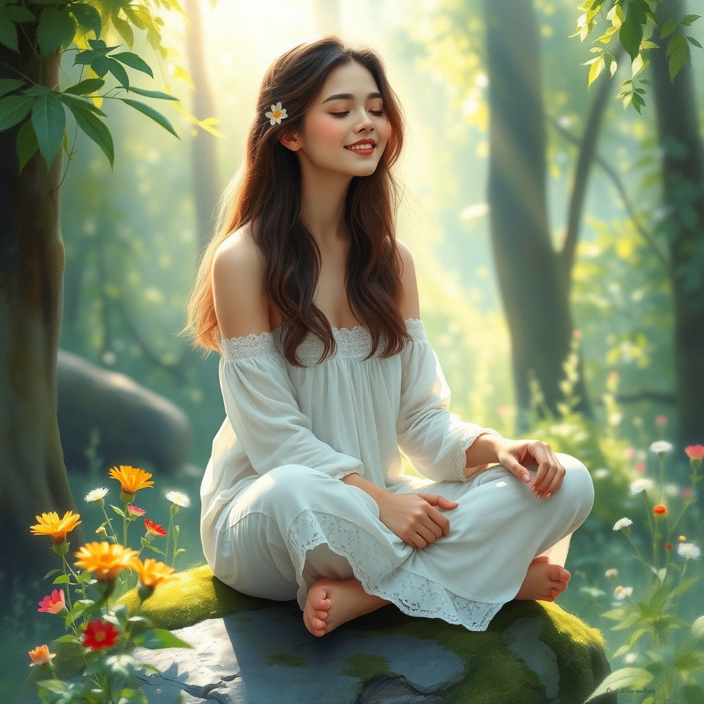 Serene Woman Meditating in Impressionistic Forest