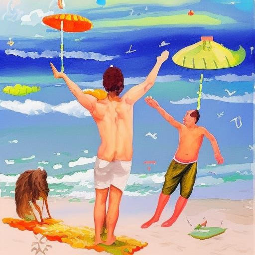 Beach Birthday Party with UFO, Gouache Watercolor Style
