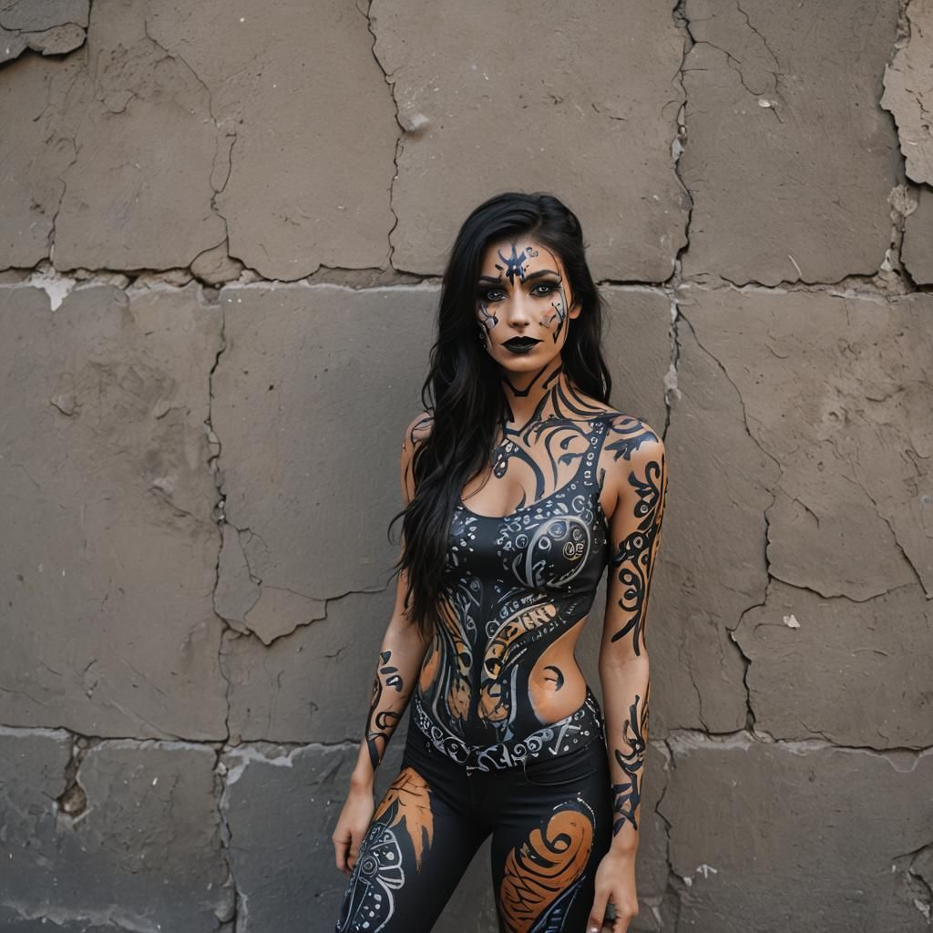 Girl with Dark Hair Posing by Body Paint Wall