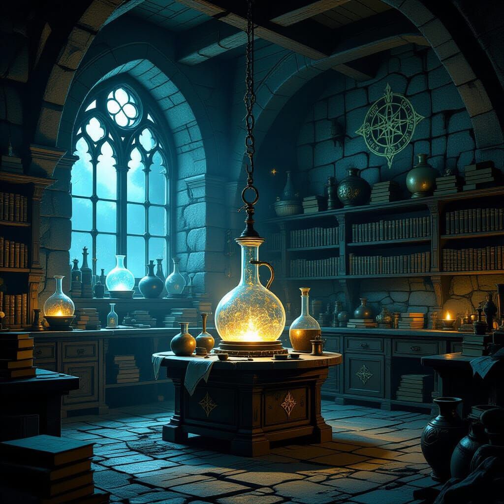 Medieval Alchemist's Lab with Moonlight Apparatus
