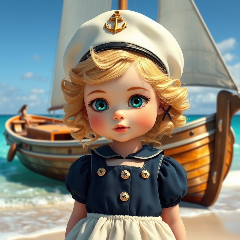 Charming Sailor Girl in Front of Weathered Sailboat on Seren...