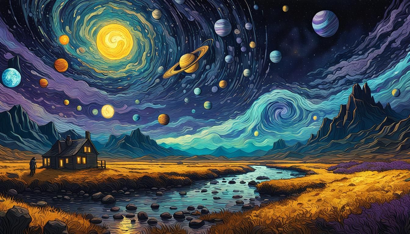 Solar System as Impasto Painting in Dark Fantasy Style