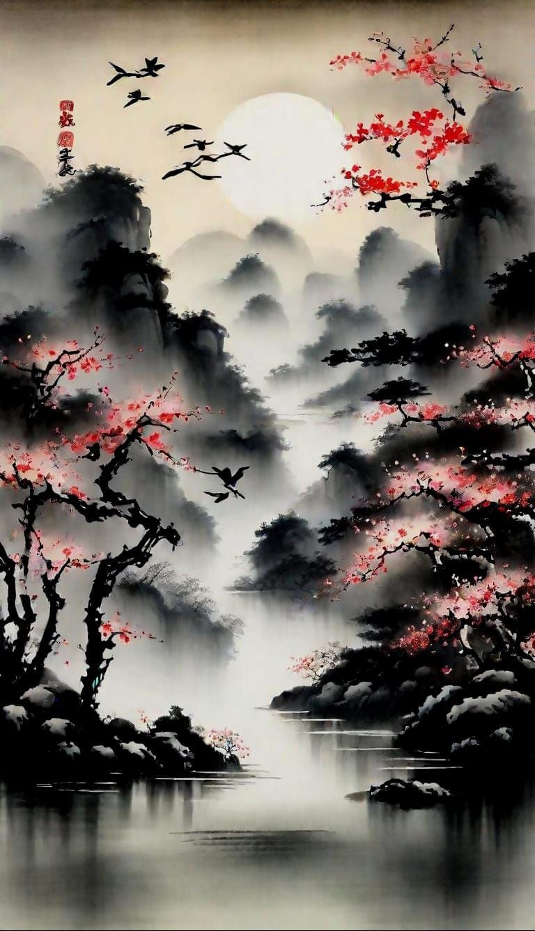 Moonlit Landscape in Chinese Ink Painting