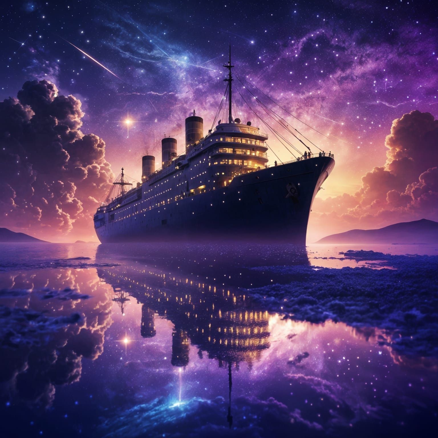 Sailing Ship Under a Starry Night Sky