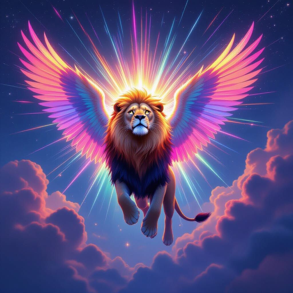 Rainbow Neon Winged Lion Ascends to Heaven in Digital Painti...